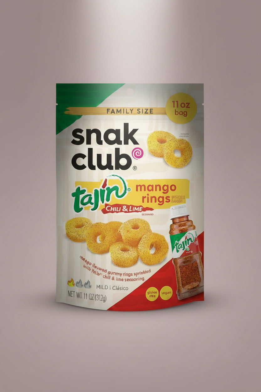 Snak Club Tajin Mango Rings packaging on a white background