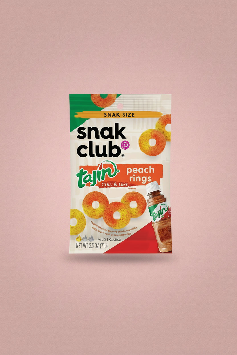 Snak Club Tajón Peach Rings packaging with gummy candy and Tajón sauce bottle.